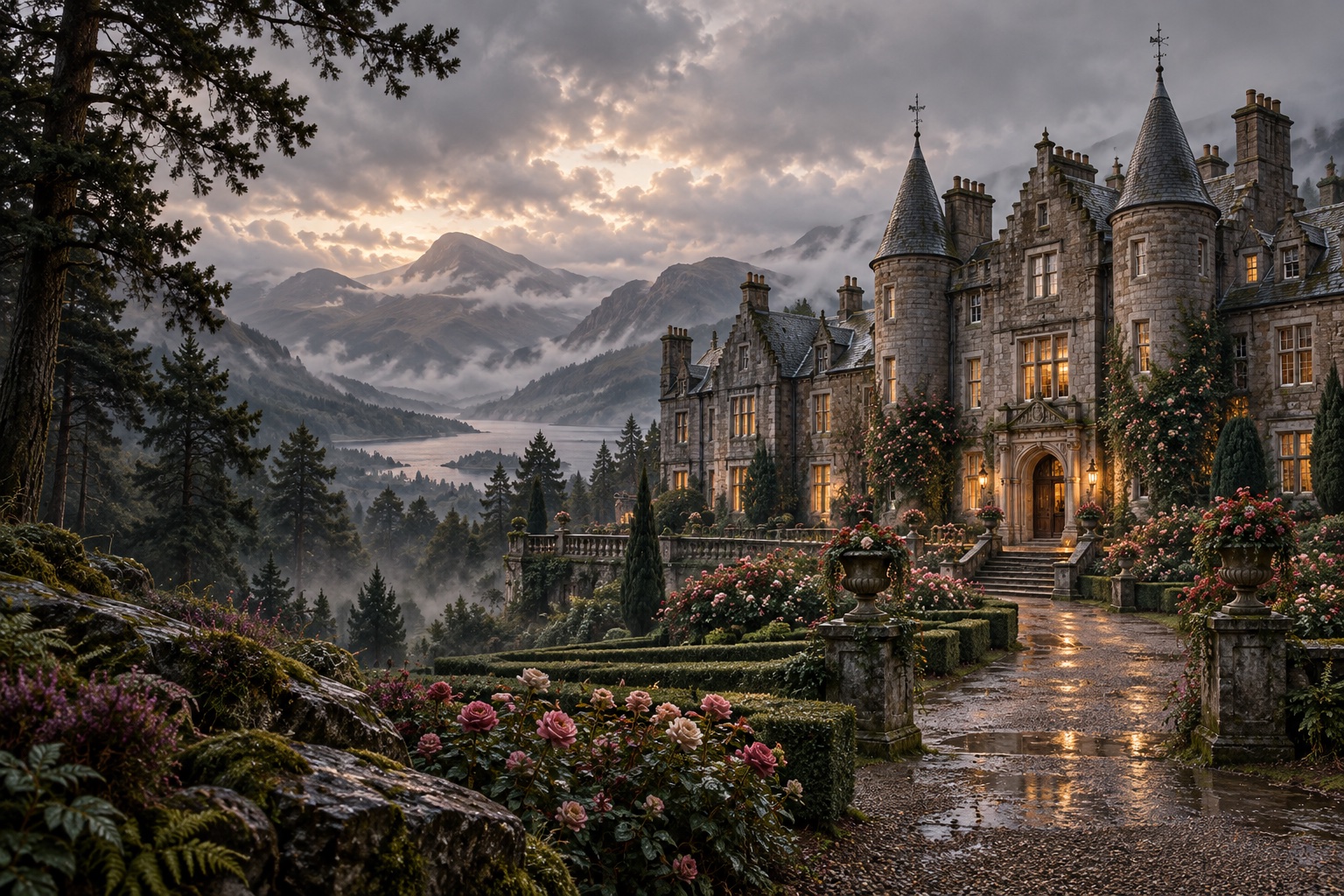 A grand Scottish palace beneath soft daylight.